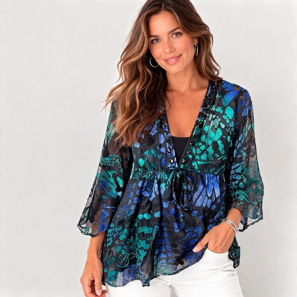 Boston Proper Sheer Tunic Top Cover Up Women M Jewel Beaded Shimmer Flowy Resort